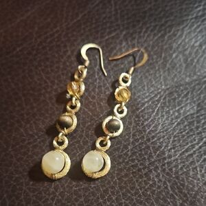 Gold Drop Earrings with Cream Stones - Women Jewelry